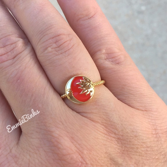 New Gold Dipped Red Enamel Sun & Moon Textured Cuff Ring / Red & Gold Boho Vibes - Picture 2 of 15